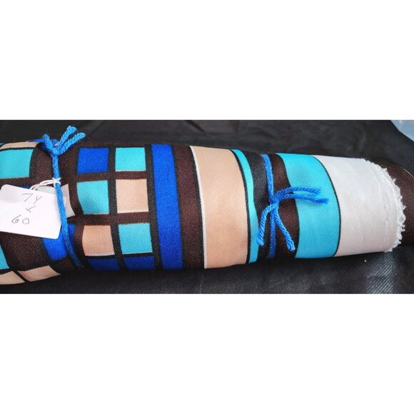 Vintage Fabric 7 Yards X 60" Polyester Blue Brown & White - Picture 3 of 6